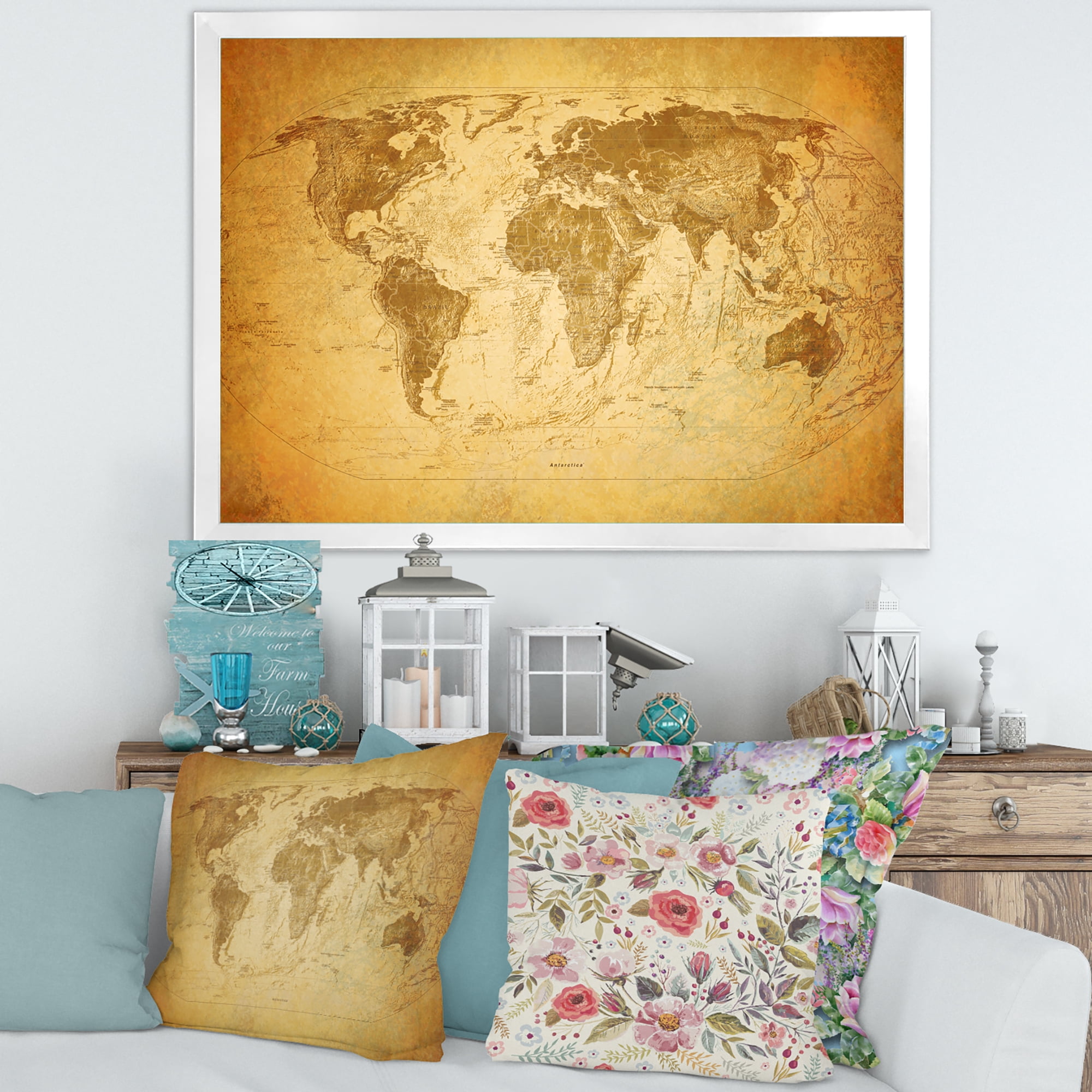 Designart 'Ancient World Map X' Vintage Framed Art Print