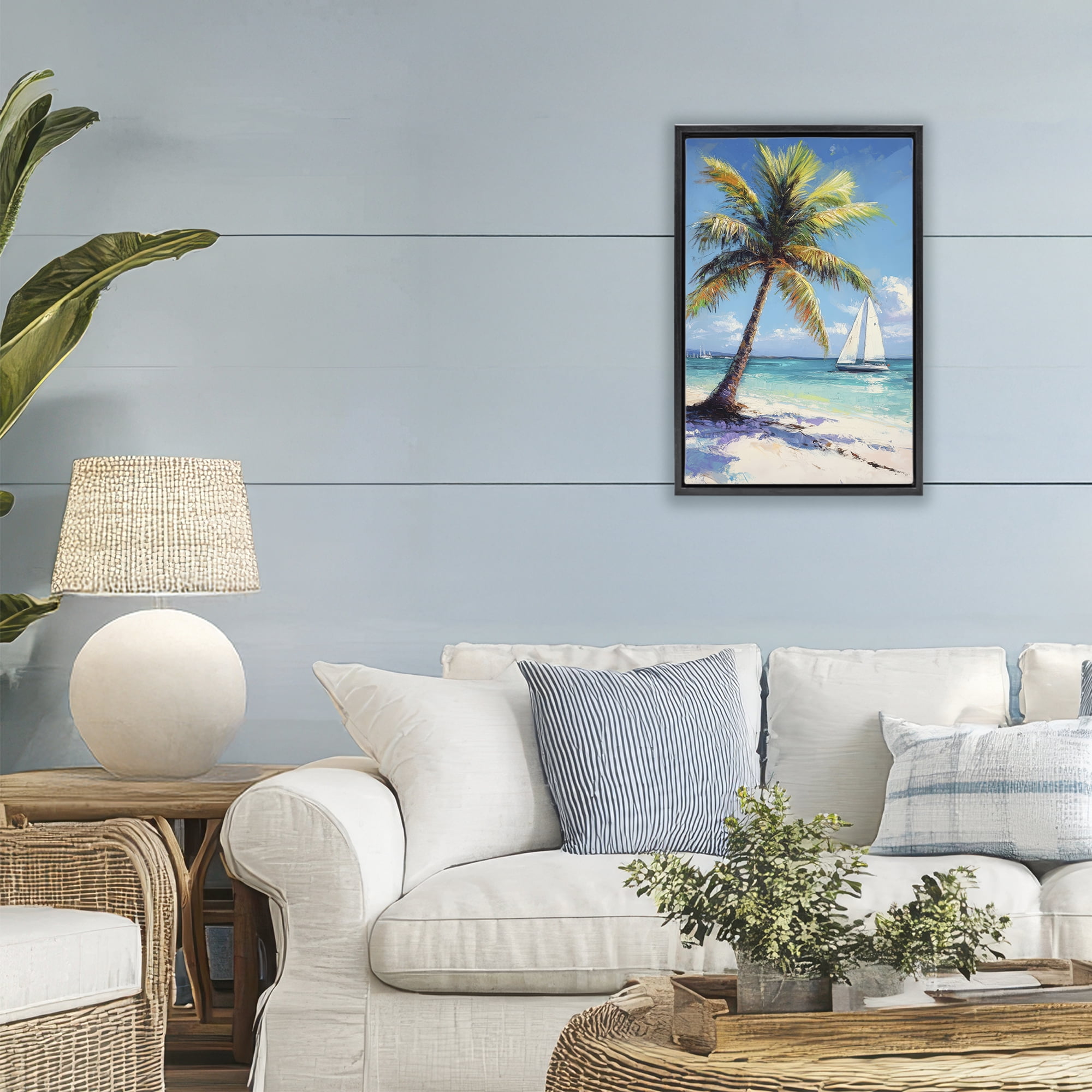 Stupell Industries Palms & Sails Beach View Black Framed Floater Canvas Wall Art, design by Petal Prints Design