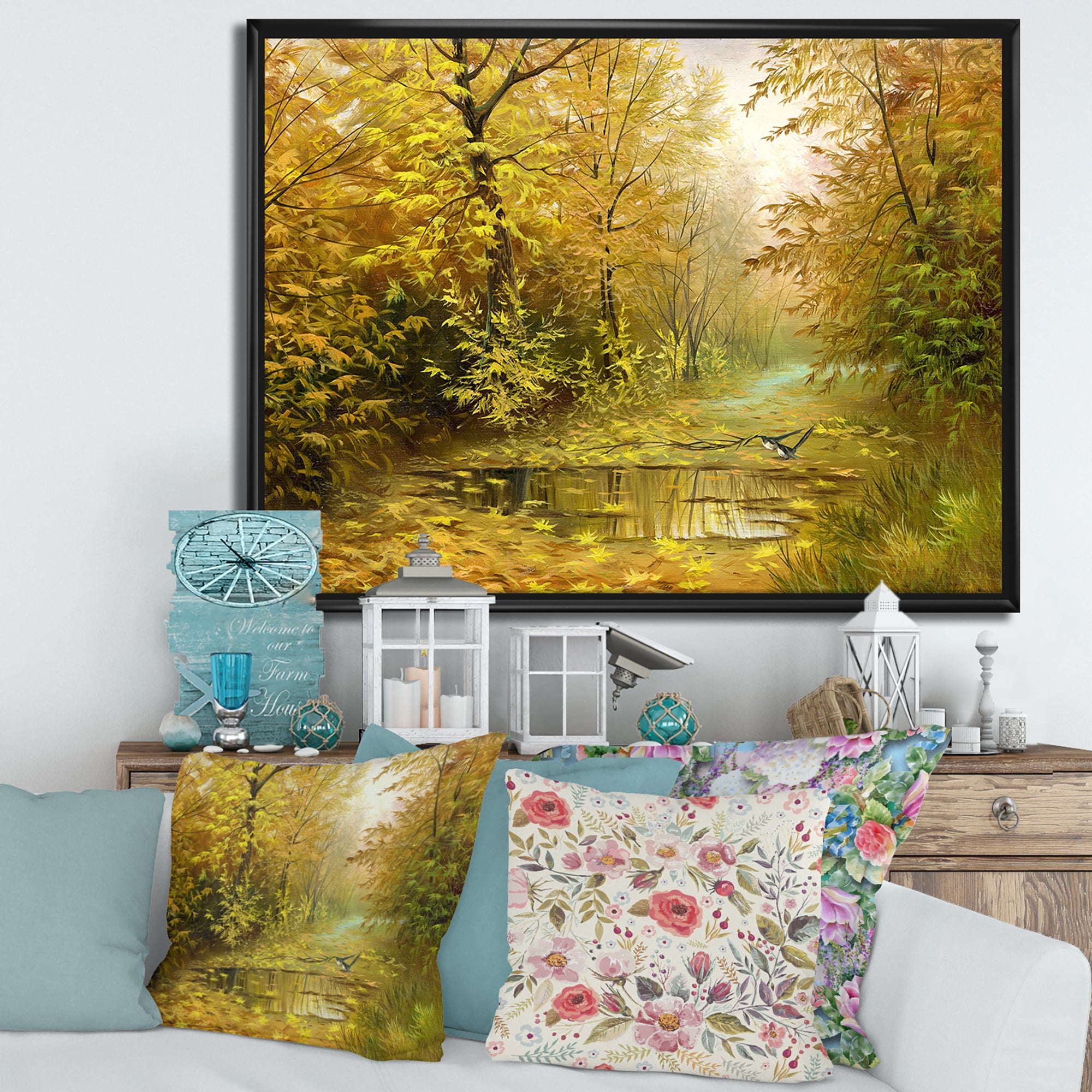 Designart 'Rain Water On Road In Yellow Woodlands' Country Framed Canvas Wall Art Print