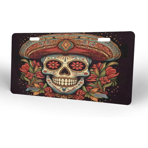 Mexican Skull Day of The Dead License Plate, Decorative Car Front License Plate, Aluminum Novelty License Plates Vanity Tag Metal Car Plate for Women Men 6 X 12 Inch（4 Holes）