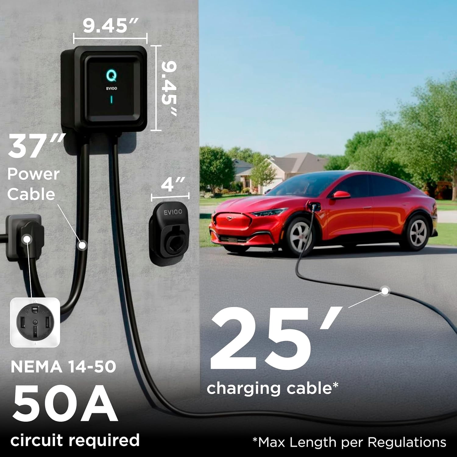 EVIQO Level 2 EV Charger, 40 Amp, J1772 for Non-Tesla EVs, 25ft Cable, WiFi (2.4GHz) Smart App, UL & ETL Certified, NEMA 14-50 Plug-in 240V, 9.6kW