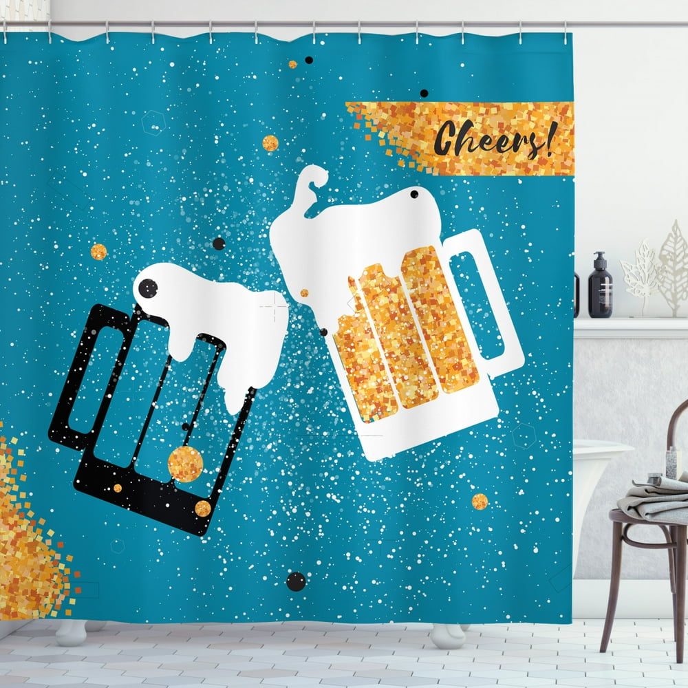 Alcohol Shower Curtain, Two Beer Mugs Clinking Toasting to Cheers