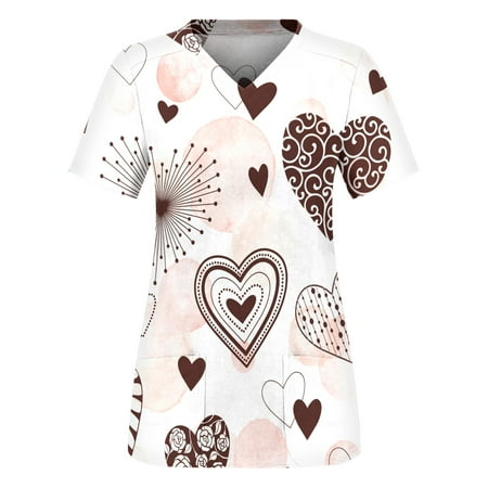 

netehipn Womens Scrub Tops Clearance Sale Casual Valentines Day with Hearts Short Sleeve Scrub Tops Love Heart Print White XL
