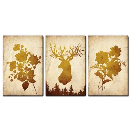 Wall26 3 Panel Canvas Wall Art Golden Deer With Giant Floral