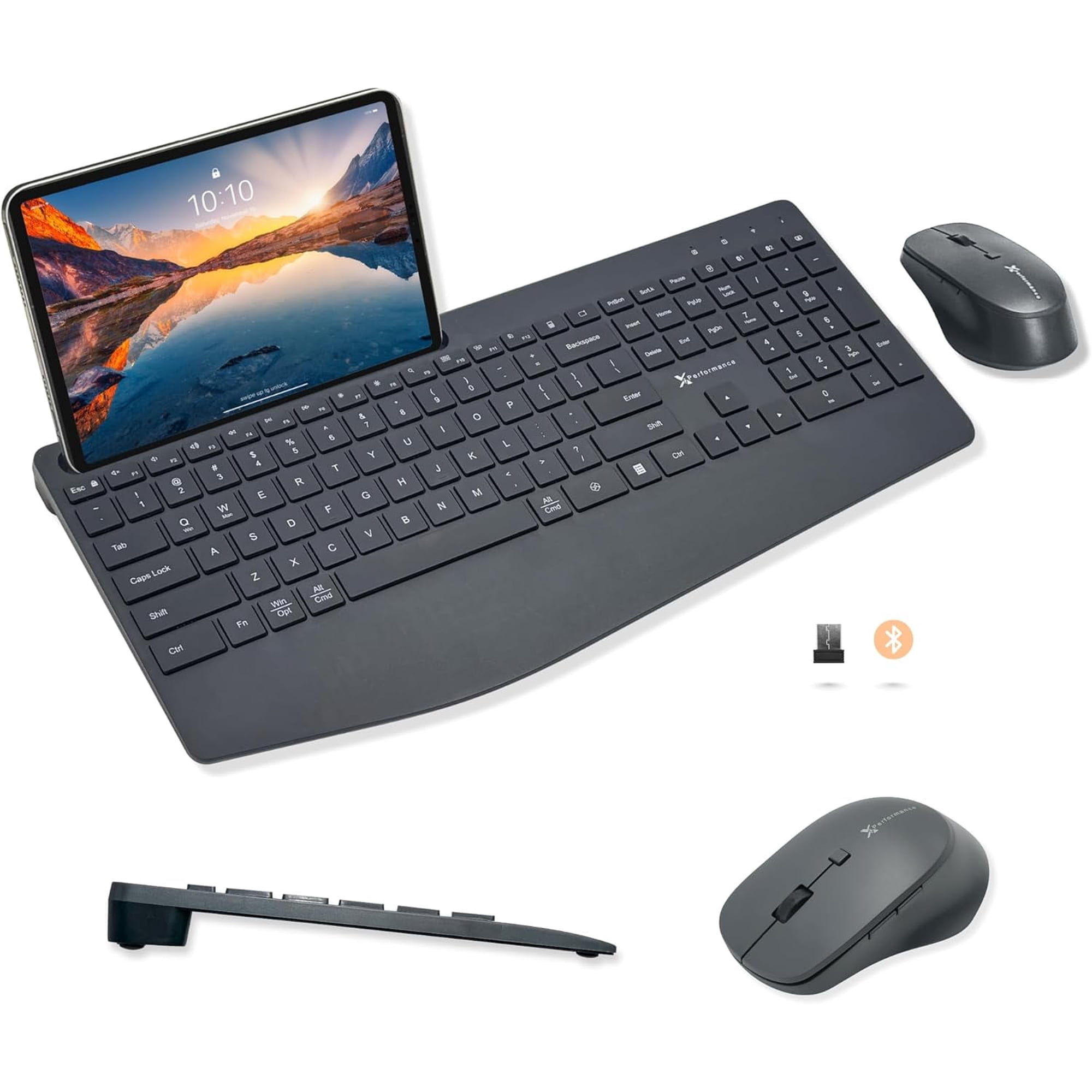 X9 Quiet Wireless Keyboard and Mouse Combo (Bluetooth + 2.4GHz) with Wrist Rest, Phone Holder, Silent, Multi-Device, Full-Size Ergonomic Keyboard Mouse Wireless Combo for Phone, Computer, Laptop, Mac
