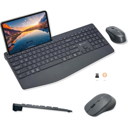 X9 Quiet Wireless Keyboard and Mouse Combo (Bluetooth + 2.4GHz) with Wrist Rest Phone Holder Silent Multi-Device Full-Size Ergonomic Keyboard Mouse Wireless Combo for Phone Computer Laptop Mac
