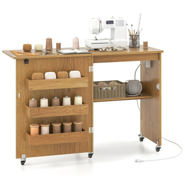 Patiojoy Table de Machine à Coudre avec Station de Recharge Armoire de Couture Pliable avec Roulettes Verrouillables Naturel