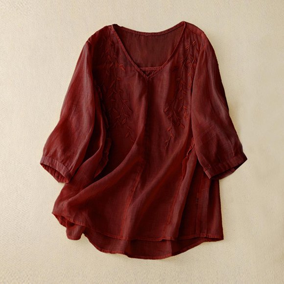Fartey Summer Cotton Linen Shirts for Women Vintage Elegant Embroidered V Neck T Shirts Casual Loose Boho Short Sleeve Tops Lightweight Breathable Solid Color Beach Blouses Red M-2XL