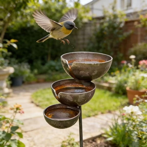 Rain Catcher Bird Bath, Rain Catcher Garden Stake, Garden Stakes Decorative, Metal Bird Bath for Outside, Rustic Vintage Outdoor Decor for Lawn & Garden, Attract Hummingbirds, Birds & Butterfly