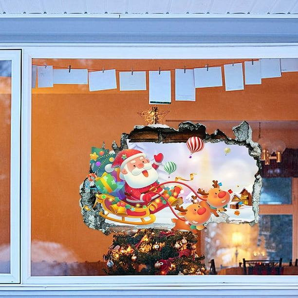 Pegatina de ventana rota de Papá Noel - Calcomanía grande para la pared navideña con escena de entrega de regalos, fácil de pegar y pegar para decoración de salón, dormitorio u oficina
