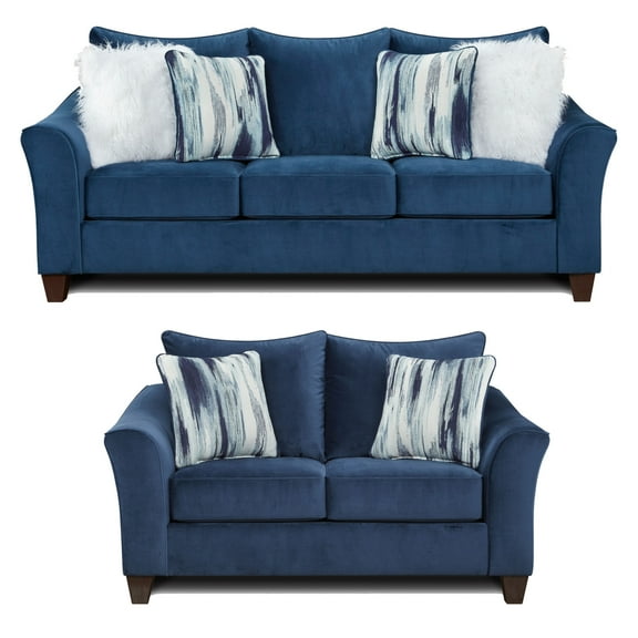 Roundhill Furniture Camero Pillowback Sofa and Loveseat Set, Blue Polyester Upholstery