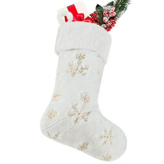 Plush Christmas Stockings White Faux Fur Large 45cm Deluxe Hanging Xmas Stockings with Gold Snowflake for Christmas Fireplace Decorations Socks
