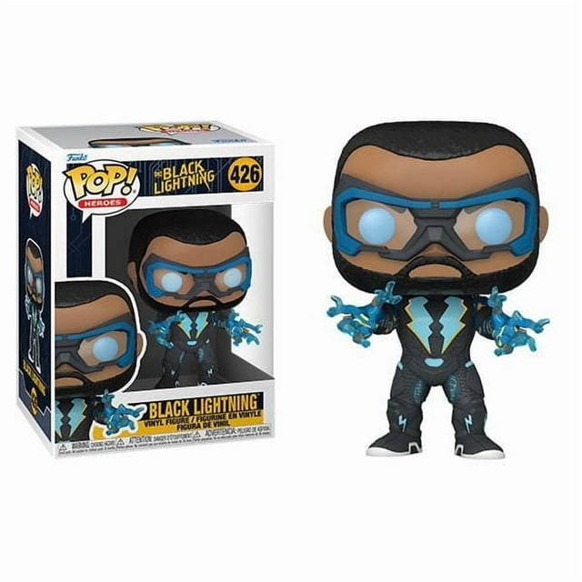 Funko POP Heroes: Black Lightning- Black Lightning Vinyl Figure showing a 3-inch vinyl figure of Black Lightning with blue lightning effects on hands, wearing a black suit with blue and yellow lightning bolt designs and blue goggles, next to its branded display box from the Bobble Heads & Vinyl Figures category.