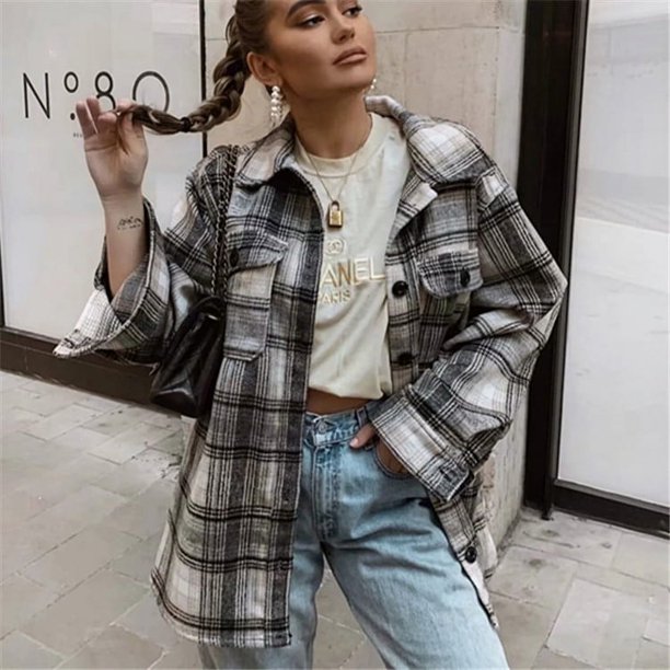 TEELYNN Camisa a cuadros violeta para mujer Chaquetas Vintage de manga larga Casual Otoño Invierno Ropa de calle cálida Abrigo de mezcla de tweed