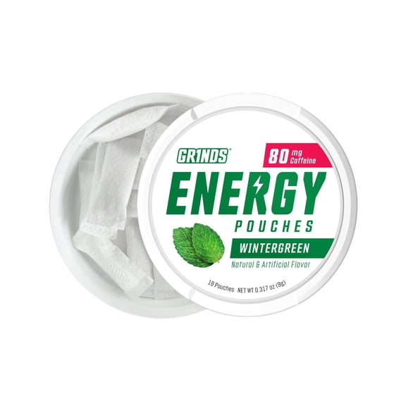 Grinds Energy Pouches, Nicotine-Free, 80mg Caffeine, Wintergreen, 18 Pouches (1 Can)