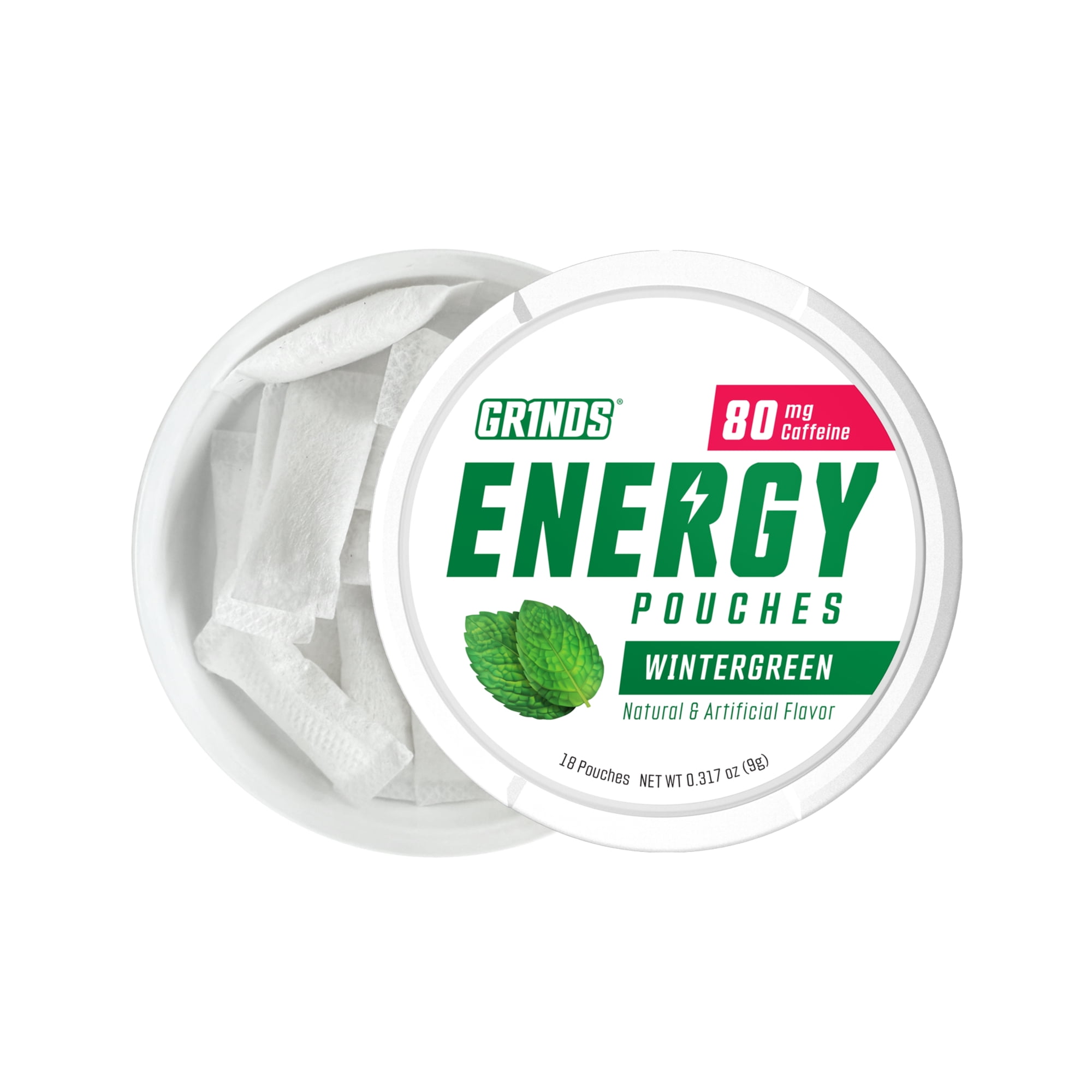 Grinds Energy Pouches, Nicotine-Free, 80mg Caffeine, Wintergreen, 18 Pouches (1 Can)