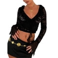 thumbnail image 2 of KelaJuan Women's Summer Fitted Crop Tops Black Long Sleeve V Neck Ruffle Sheer Going Out Tops, 2 of 6