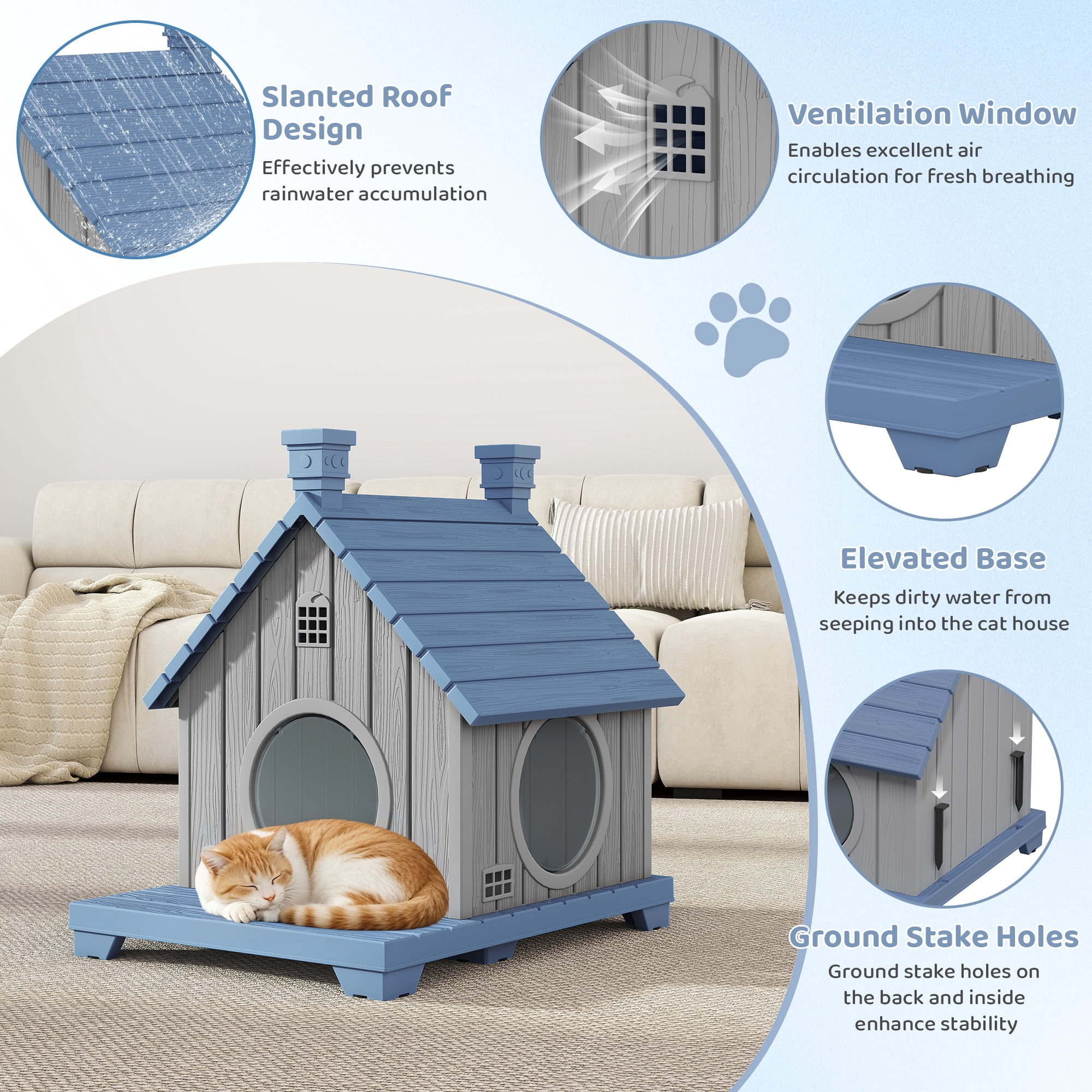 Bifanuo Outdoor Cat House,Weatherproof Resin Cat House, Villa-Style Outdoor Cat Shelter,Assemble Easily for Home & Yard,Blue