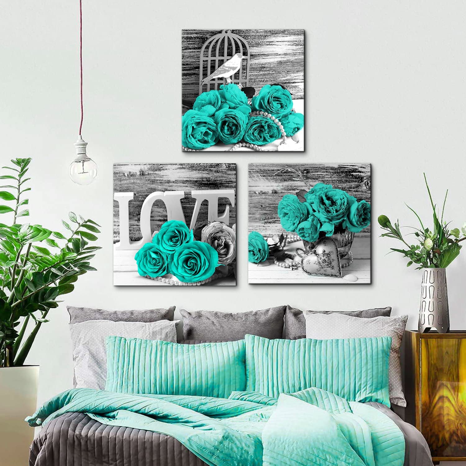 Teal Floral Wall Art for Bedroom Turquoise Rose Wall Decor Black and White Canvas  Prints 20 x 20