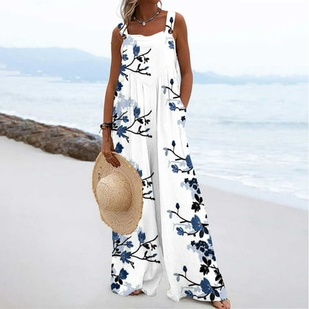 

Women Wide Leg Overalls Sleeveless Jumpsuits Loose Graphic Printed Suspender Comfy Baggy Button Rompers with Pockets