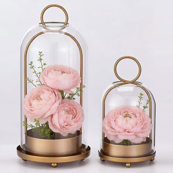 Djiypn Candle Holder Gold: Pillar Candle Holders with Clear Glass Sleeve and Hanging Hole - Set of 2 Decorative Brass Metal Pillars Stand for Dining Table Centerpiece Shelf Fireplace Mantel Decor