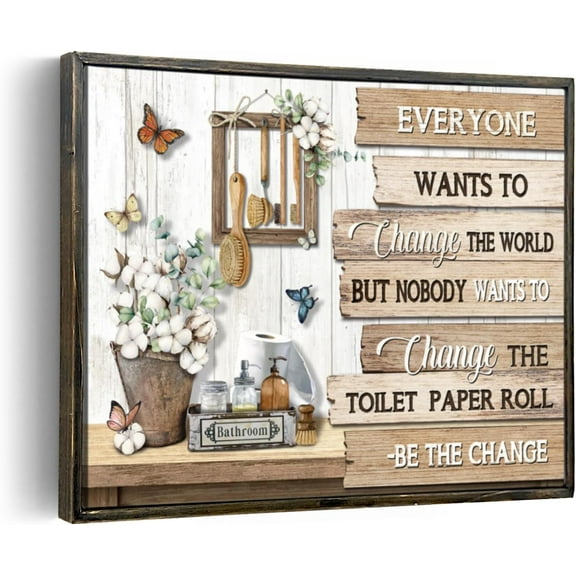 Farmhouse Bathroom Decor Wall Art Rustic Flower and Butterfly Bathroom Pictures Canvas Print Country Bathroom Wall Decor Vintage Bathroom Wall Art With Handmade Wood Framed 12"x16"