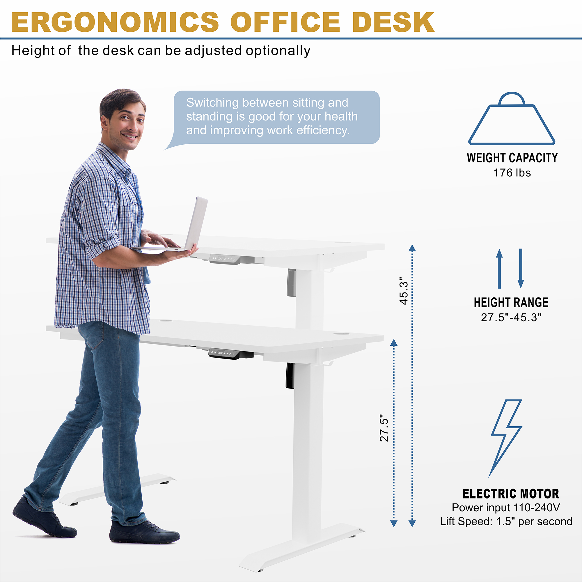 Sobaniilo 48" x 24" Home Office Electric Height Adjustable Standing Desk with Memory Control, White Frame + White Top