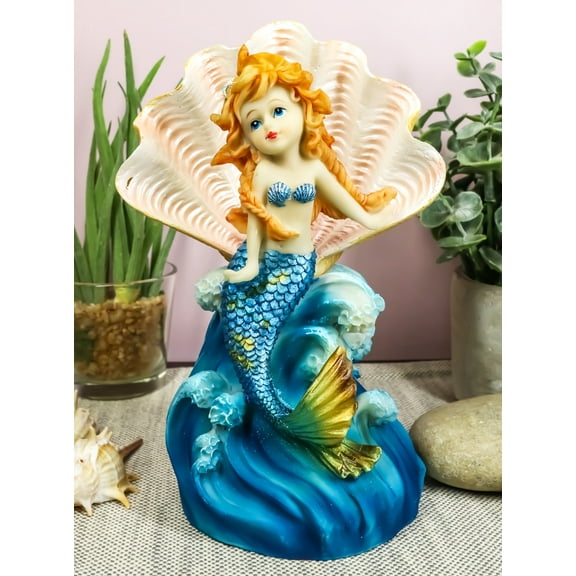 Colorful Ocean Mermaid Mergirl With Giant Shell Rising Over The Waves Figurine