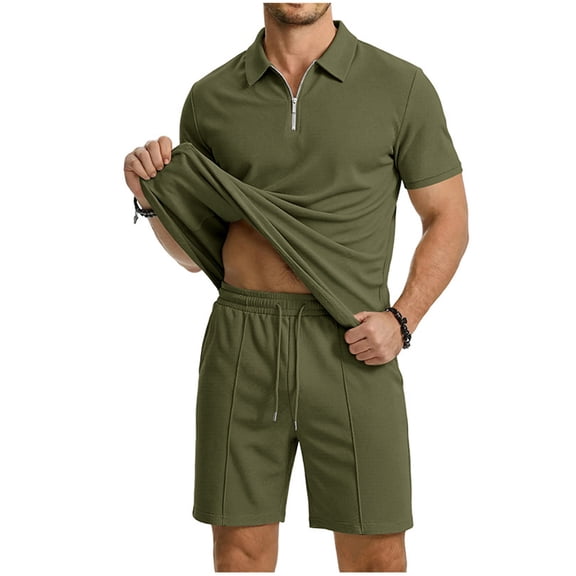 Mrmaere Men's Crew Neck T Shirt and Shorts Set Short Sleeve 2 Piece Pullover Color Block for Gym Training Army Green L