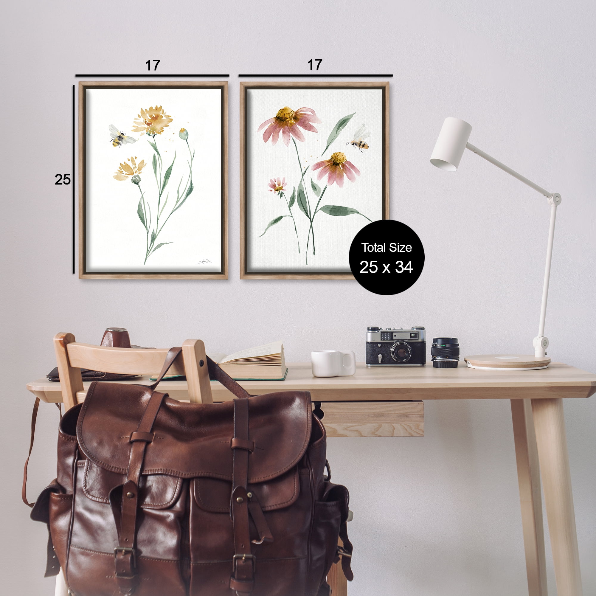 Stupell Industries Flower Stem Bees Plants & Flowers Painting Brown Floater Framed Canvas Art Print Wall Art, 17 x 25, Set of 2