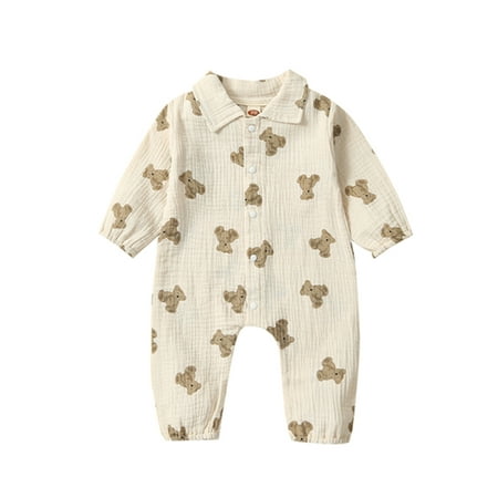 

Biekopu Baby Girls Boys Summer Romper Bear Print Turn-Down Collar Long Sleeve Infant Jumpsuits