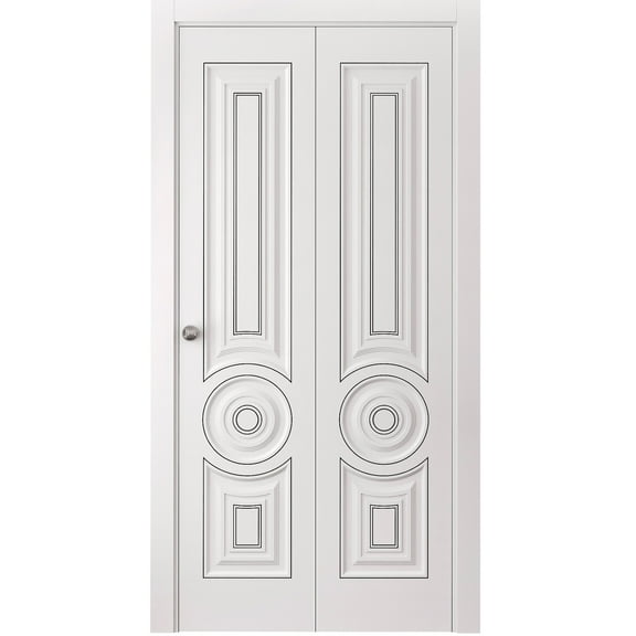 Sliding Closet Bi-fold Doors 36 x 80 inches | CLASSIC 5589 White Enamel | Sturdy Tracks Moldings Trims Hardware Set | Wood Solid Bedroom Wardrobe Doors