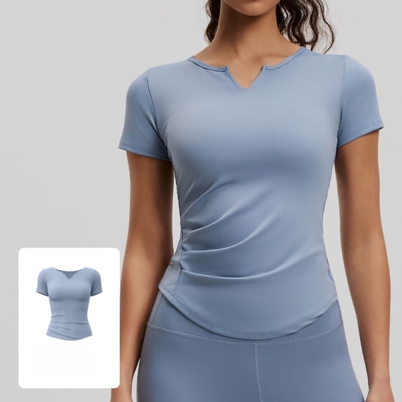 ORVELLUNE Women's V-Neck Short Sleeve Workout Top, Ruched Waist Running Athletic Shirt