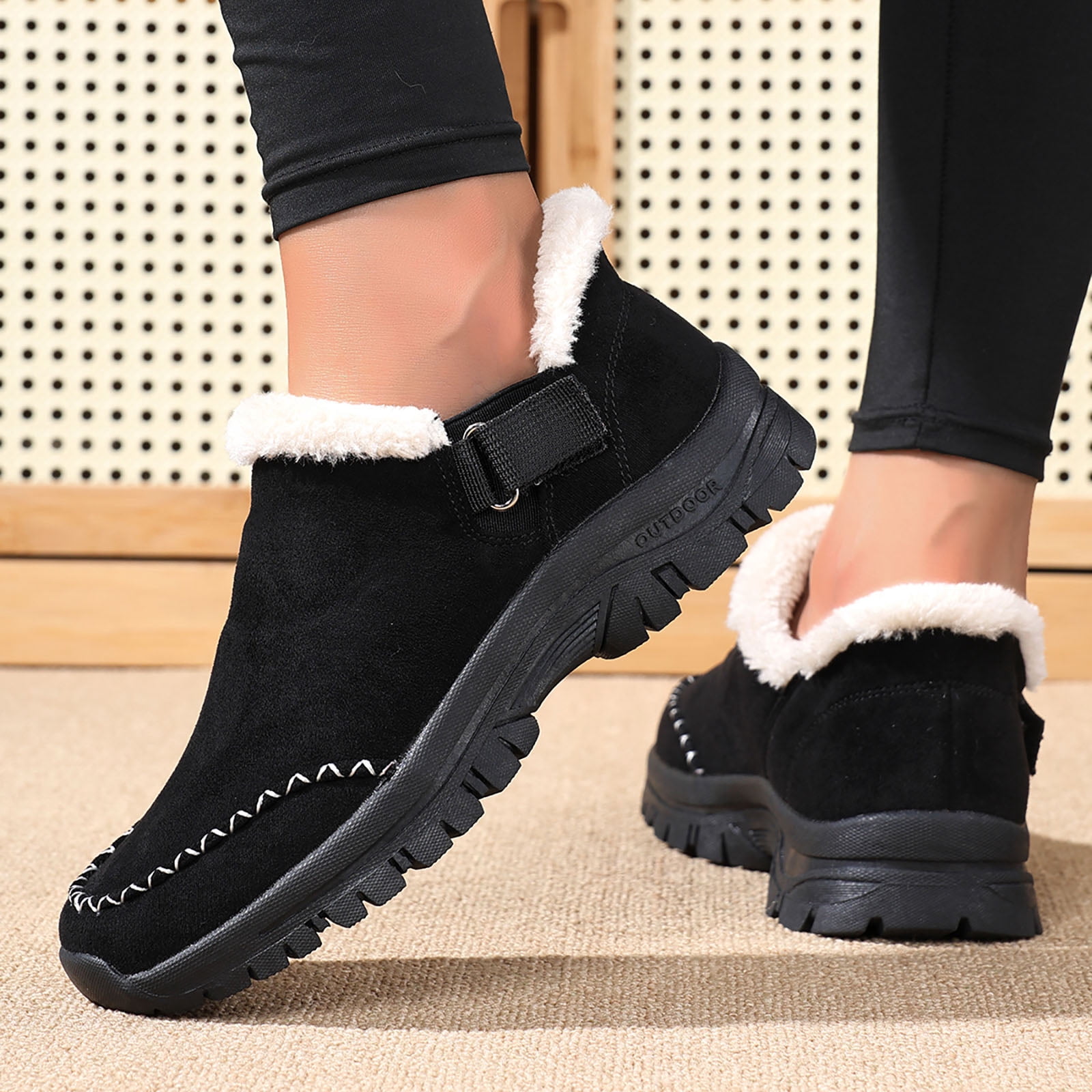 Dakaela Womens Winter Snow Boots Fleece Lined Hiking Slip on Loafers Sneakers Outdoor Plush Short Booties Shoes Black 6