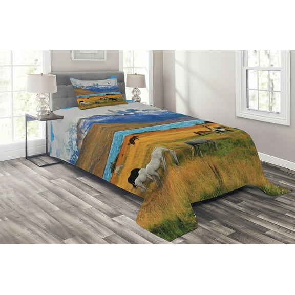 Ambesonne Scenery Quilted Coverlet 2 Pcs, Farm Horse in Mountain, Twin Size, Multicolor