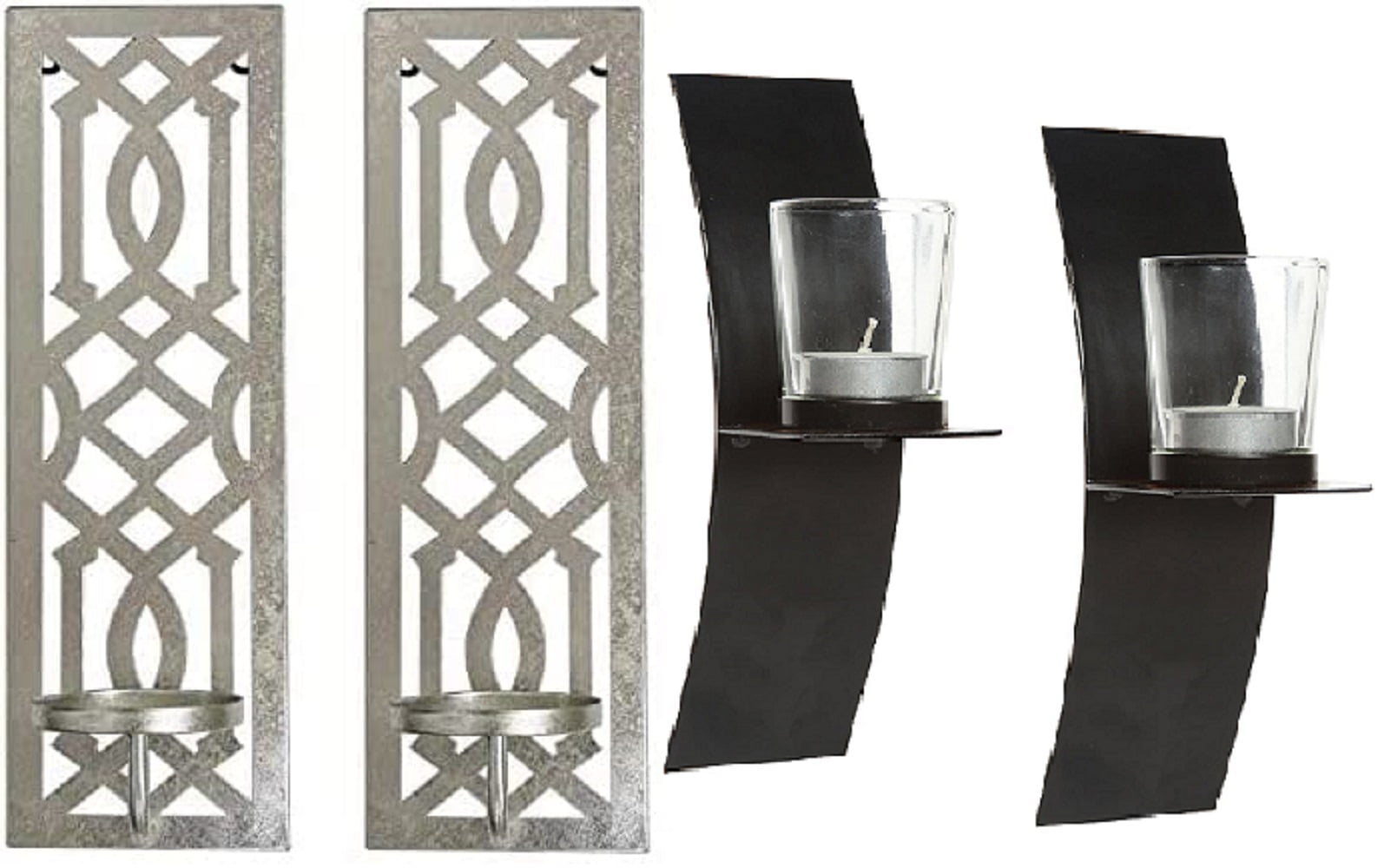 Hosley Set of 2 Silver Iron Wall Pillar Candle Sconce & Set of 2 Brown