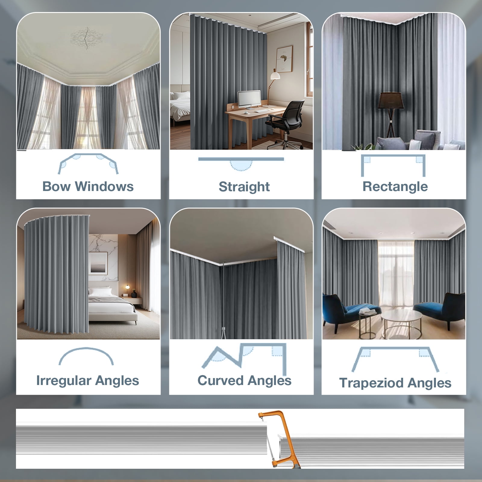 DONGPAI Room Divider Curtains Blackout Privacy Curtain Flexible Ceiling Track Thermal Insulated Noise Reduction Curtains for Living Room Bedroom Partition Separator, 1 Panel, Gray, 100"x 84"