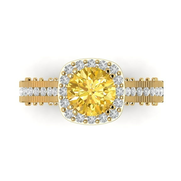 2.7ct Round Cut Yellow Crystal 14k Yellow Gold Engraving Statement Bridal Wedding Halo Designer Ring Size 7.5