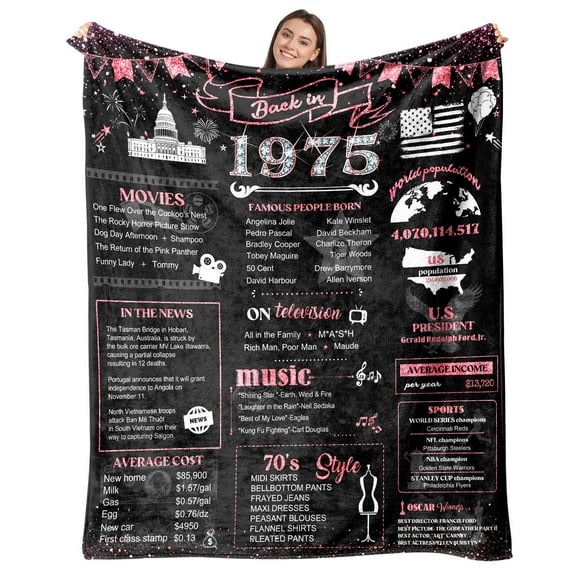 50th Birthday Gifts for Women Best 1975 Birthday Decorations for Mom Aunt Friends,Back in Unique 50 Year Old Birthday Pink Blanket for Her,Soft Comfortable Throw Blanket 40"x50"