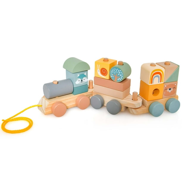 Costway Juego de Tren de Madera de Juguete, Set de Tren con Bloques Apilables, Cuerda para Jalar, Conexión de Gancho,Tren de Juguete de 3 Secciones para la Educación Temprana de Bebés y Niños Pequeños