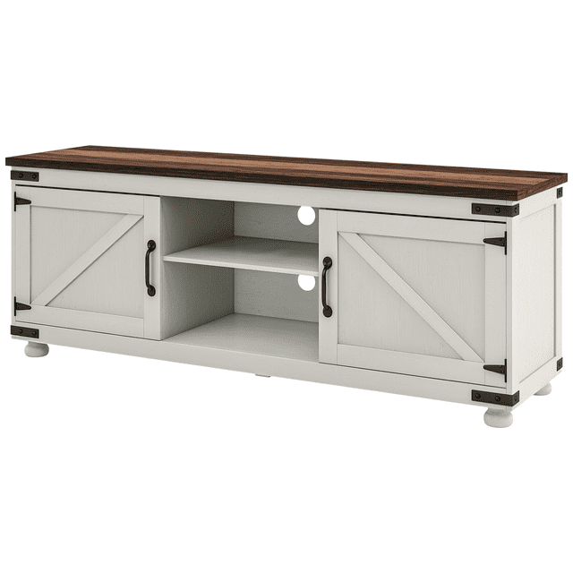 HOMCOM Farmhouse TV Stand for up to 65" TV with Barn Doors Distressed White