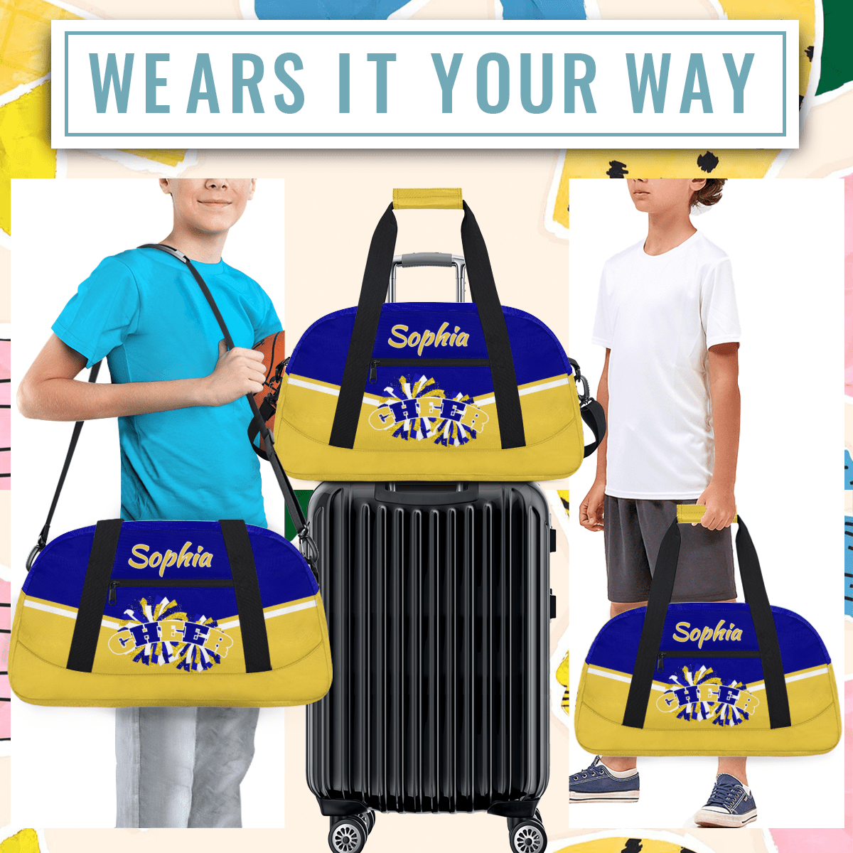 Jiaoprinted Personalized Cheer Bag, Custom Sport Duffel Bag with Name, Customized Cheerleader Dance Bag, Sport Gym Bag Overnight Weekender Bags, Blue Gold