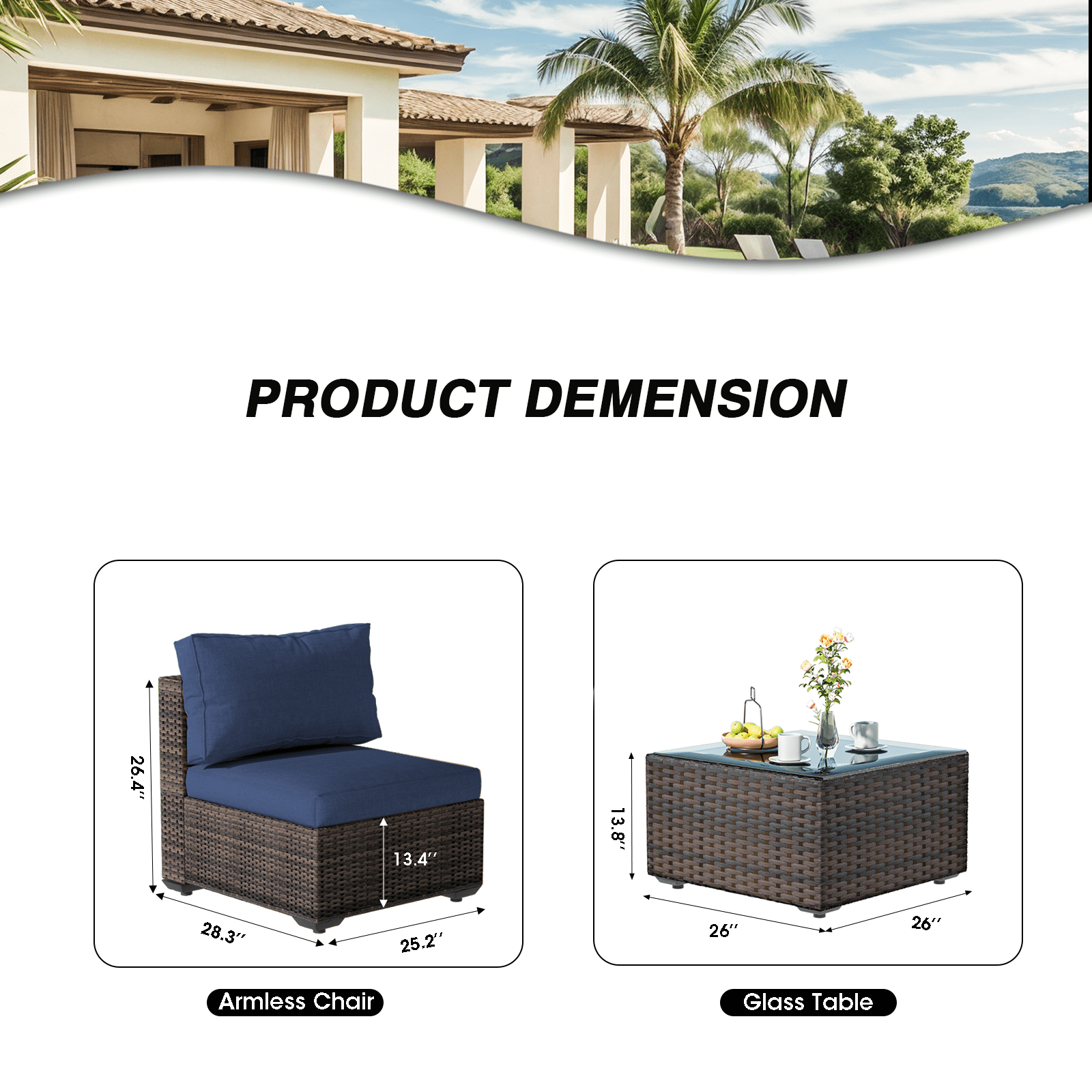 GAILDON 5-Piece Patio Furniture Set with Glass Table, Outdoor Sectional Rattan, All-Weather Cushions, Red