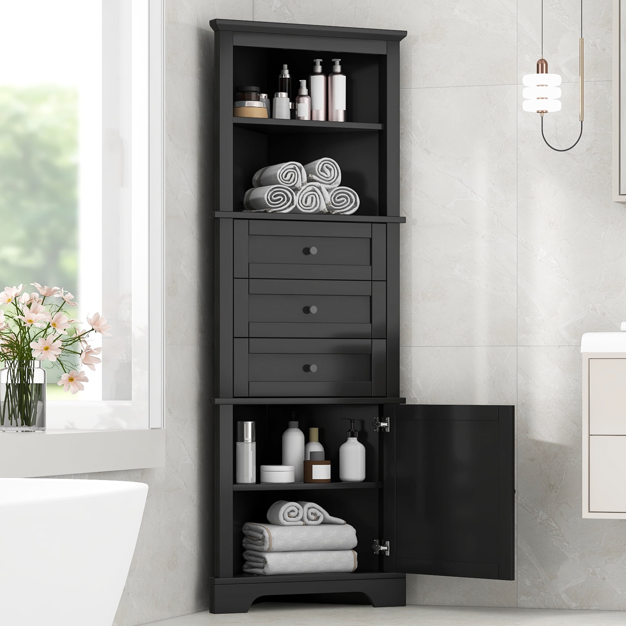 Euroco Durable Corner Cabinet with Adjustable Shelves, Heavy-Duty Metal Handles, and Safety Drawer Stoppers – Stylish, Space-Saving Storage Solution for Bathrooms, Kitchens, and More