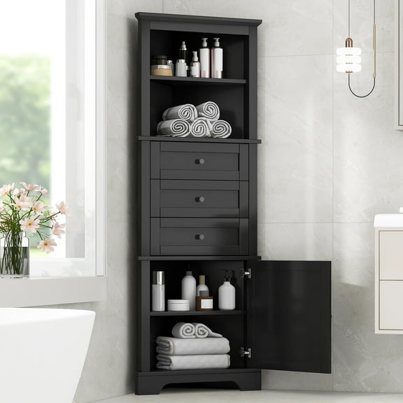 Black Triangle Corner Cabinet - 3-Drawer Storage Unit with Adjustable Shelves for Bathroom & Kitchen Five
