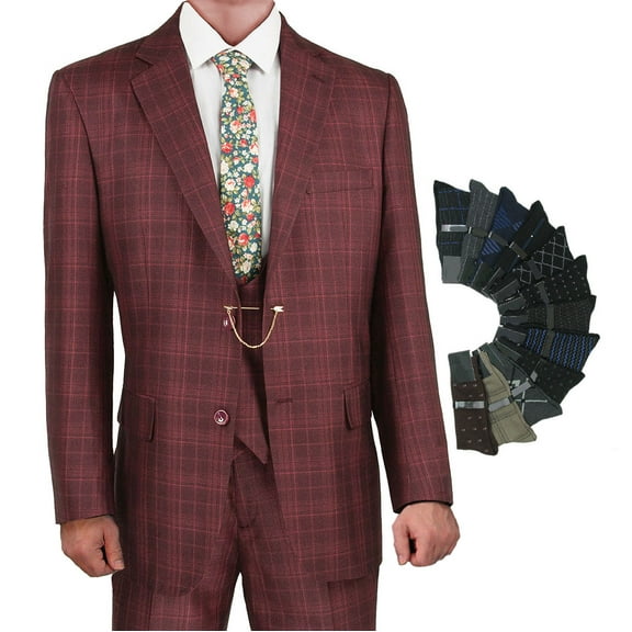 Luxurious Men's 3-Piece Glen Plaid Pattern Suit, Blazer, Vest and Pants w/1 Pair of Socks - Burgundy 38S