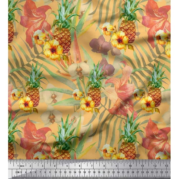 Soimoi Orange Cotton Jersey Fabric Lily & Pine Fruits Printed Craft Fabric by the Yard 58 Inch Wide