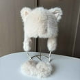 thumbnail image 2 of Xfvqtps Womens Fuzzy Beanie with Earmuff Cute Ears Plush Pompom Strap Fluffy Thickened Windproof Coldproof Outdoor Warm Winter Hat Beige, 2 of 6