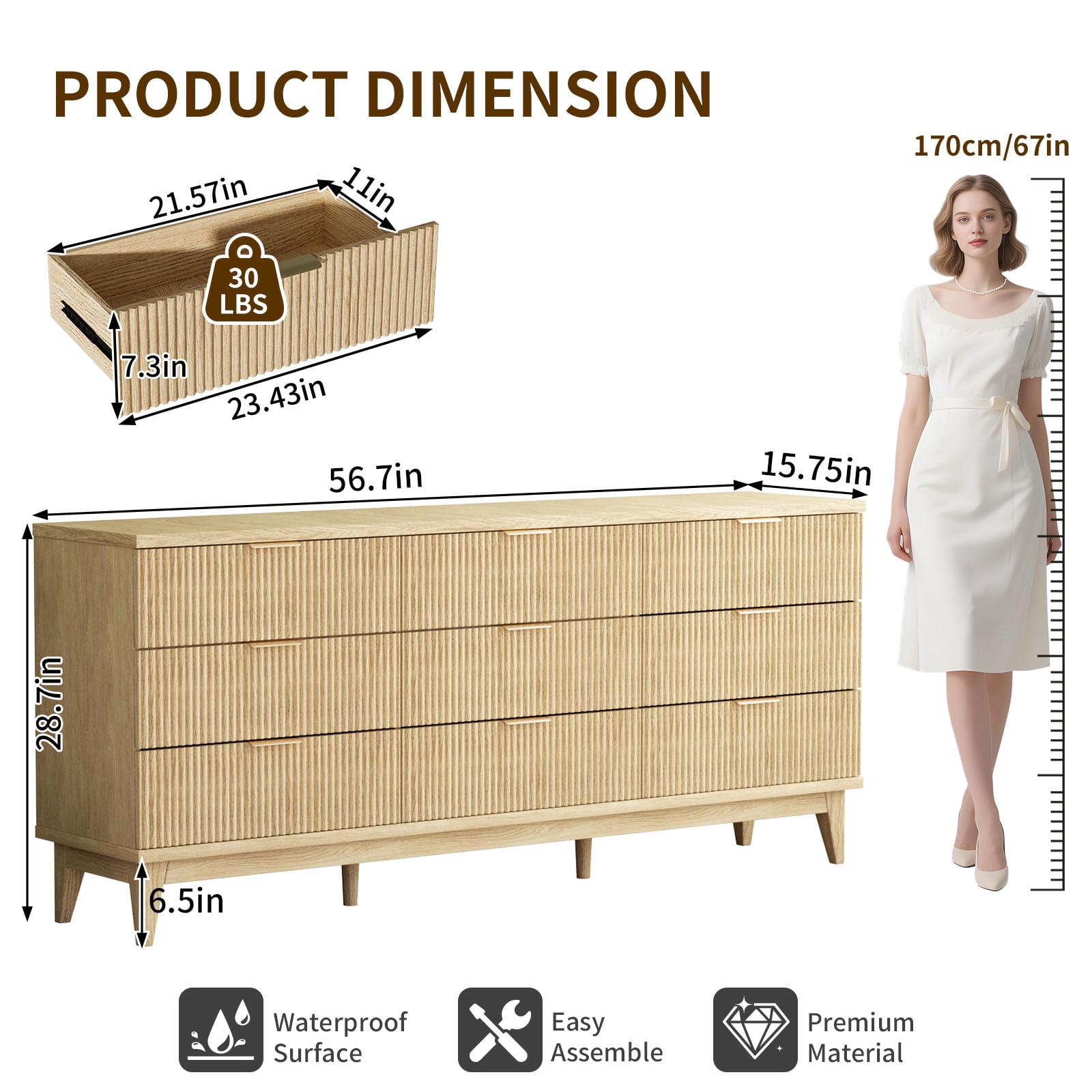 SHGJ&SOFT Fluted Dresser for Bedroom with 9 Drawers, 56.7" Wide Chest of Drawers, Gold Handle, Dresser TV Stand, Modern Wooden Dresser, Storage Organizer for Bedroom, Living Room, Entryway