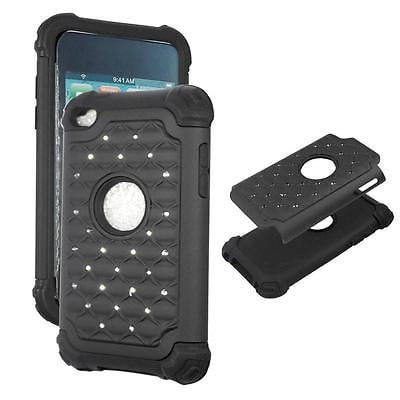 For Apple Ipod Touch 4 4th Black Bling Hybrid Drop Protective Shock Proof Shock Absorb Enhanced Bumper Dual Layer Designer Case Shield Rhinestone Plane Case Hard